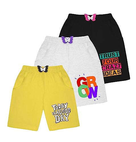 Image of KYDA KIDS Cotton Printed Pocket Bow Shorts for Girls - Regular Fit Girls Shorts with Elastic Waist Multicolored (Pack of 3)