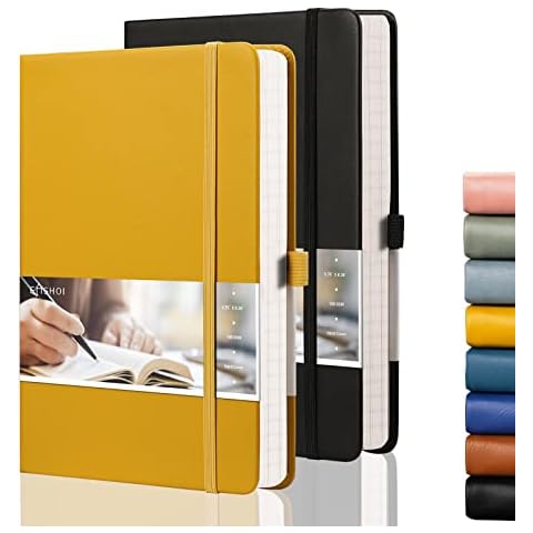 EMSHOI Thick Notebook Black Yellow, A5 Journal Leather Notebooks,Notepad Lined Large Hardback Note Books Ladies Writing Note Pads for Work A5,100gsm Paper 384 Page w/Inner Pocket 2 Pack 14.8 x 21.3cm Cover