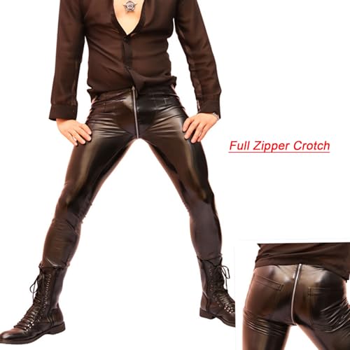 Men's Shiny PVC Leather Leggings Zipper Crotch Long Pants Motorcycle Skinny Trousers2