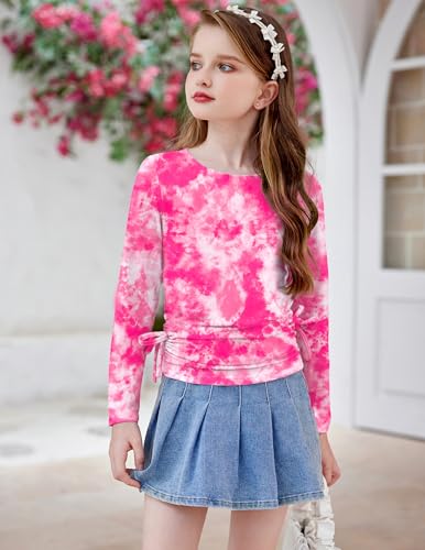 Image of Arshiner Girls Long Sleeve Shirts Ruched Knot Side Tunic Blouse Tee Tops