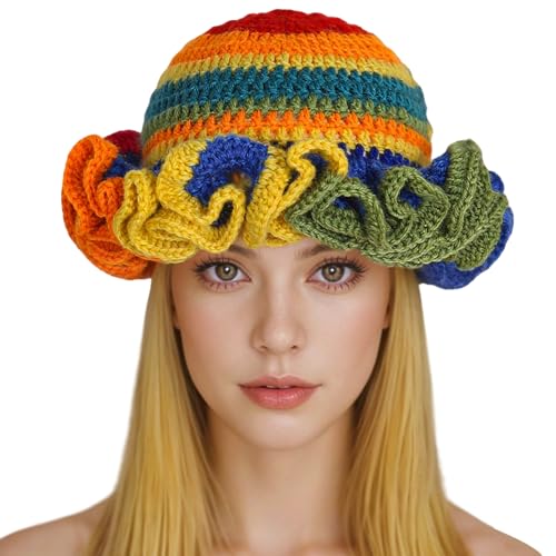 Image of Women Crochet Bucket Hat Cute Winter Ruffled Brim Floppy Cap Handmade Knit Cloche Hats