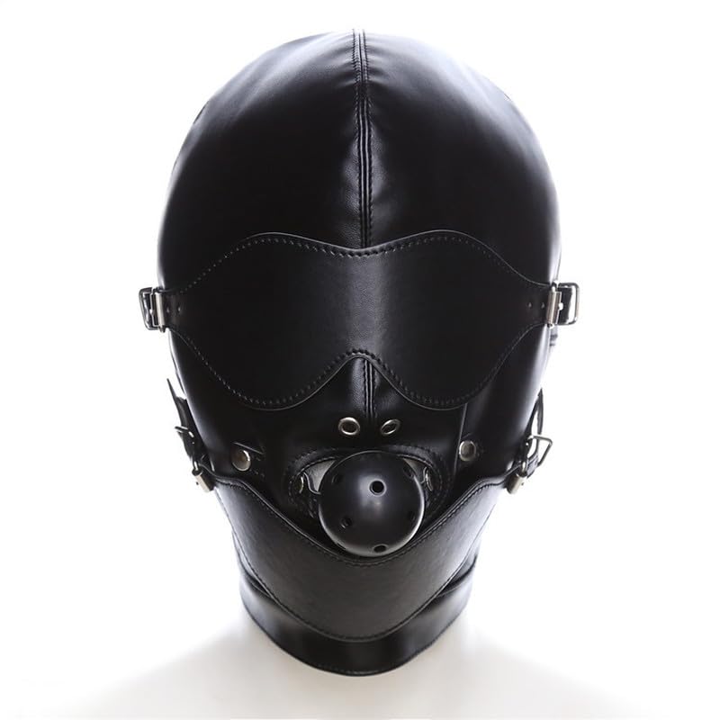 Bdsm Maske Schwarz verstellbar Full Face mit Mundknebel Ø4,5 cm und Augenbinde Kopfmaske Leder für Paare Männer Frauen Atmungsaktiv verstellbar hinten Fetisch Bondage Fetish Ballknebel FOPS B23-7