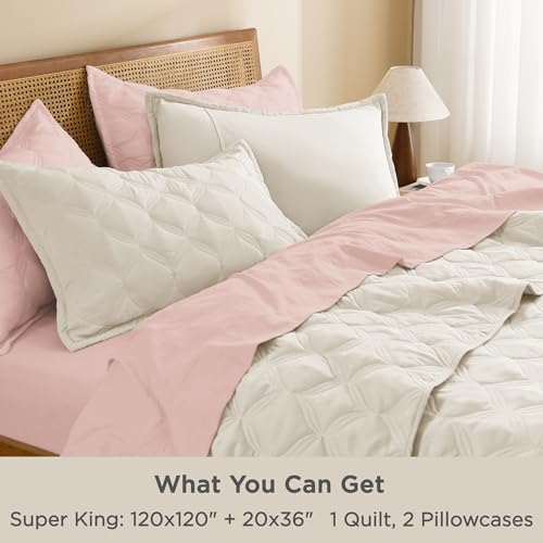 Image of Litanika Oversized King Quilt Bedding Set, 3 Pcs Ivory Bedspreads Set