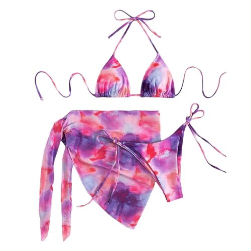 Watreketal Traje de baño de 3 piezas para mujer, teñido anudado, traje de baño con falda de playa para vacaciones