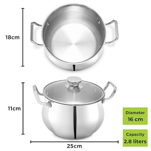Image of Allo Triply Stainless Steel Casserole /Biryani Handi Pot | Perfect Saucepot Saute Induction Friendly Naturally Non-Stick | 10 Years Warranty, 16cm, 2.6 litres with Glass Lid