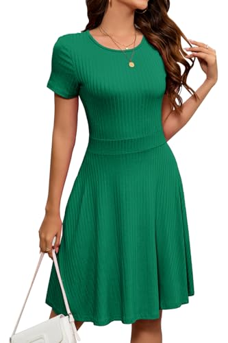 Image of Newshows Womens 2025 Summer Dresses Short Sleeve Ribbed Knit A-Line Swing Beach Vacation Outfits Casual Sundress with Pockets