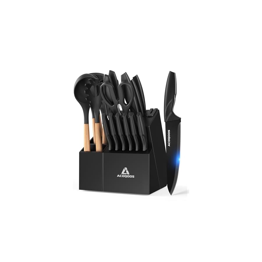 ACOQOOS-Knife-Set-21PCS-Kitchen-Set-with-12PCS-Kitchen-Knife-Set-6PCS-Cooking-Utensils-Set-1PCS-Utensil-Holder-Kitchen-Scissors-and-Wood-Knife-Block-with-Built-in-Sharpener ACOQOOS Knife Set, 21PCS Kitchen Set with 12PCS Kitchen Knife Set, 6PCS Cooking Utensils Set, 1PCS Utensil Holder, Kitchen Scissors and Wood Knife Block with Built-in Sharpener