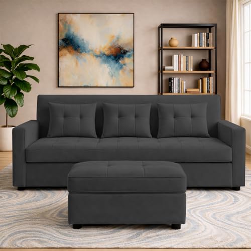Image of Emilio 3 Seater with Ottomon Pull-Out Sofa Cum Bed (Black Color) Premium Fabric Sofa Set for Living Room | Bedroom