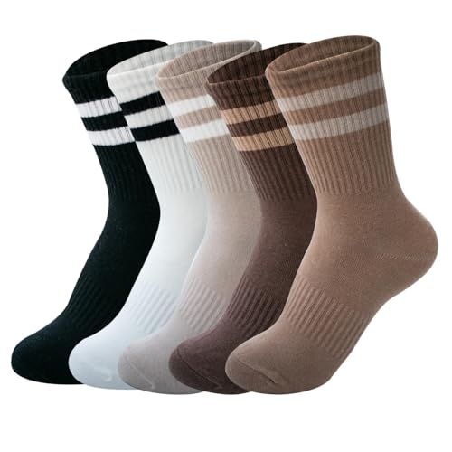 Image of Deeorla Womens Striped Crew Socks Brown Vintage Retro Athletic Socks 5 Pairs
