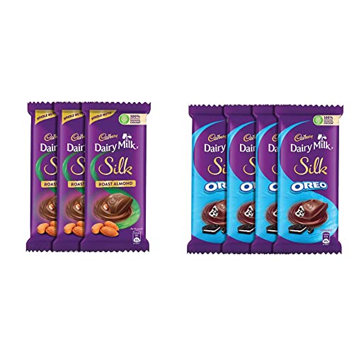 Image of Cadbury Dairy Milk Silk Roasted Almonds Chocolate Bar, 143g (Pack of 3) & Cadbury Dairy Milk Silk Oreo Chocolate Bar, 130g (Pack of 4)
