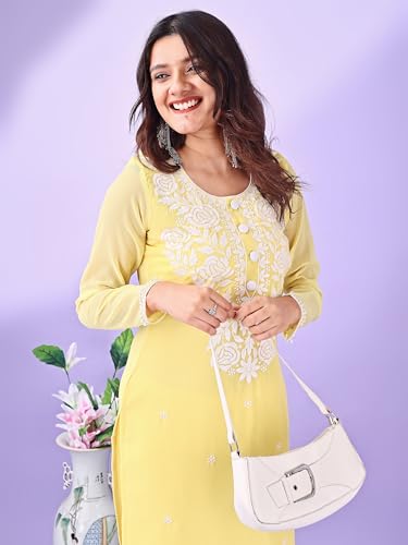 Image of HESVI Women's Georgette White Lakhnavi Chikankari Kurti with Intricate Embroidery Work