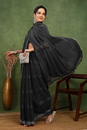 Image of MIRCHI FASHION Saree for Woman Georgette Solid with Satin Stripes | Stone Border Farewell and Ceremonial Sari with Blouse Piece