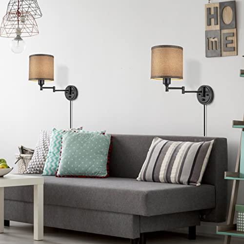 Encomli Dimmable Plug In Wall Sconces, Swing Arm Wall Lamp With Plug In Cord, Wall Sconces Set Of Two, Plug In Wall Light, Grey Fabric Shade, 2Pcs Bulbs Included #TOP5