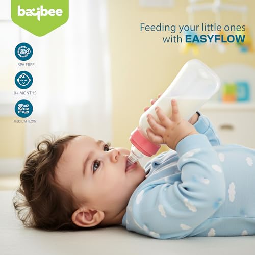 Image of Baybee Natura Flow Milk Bottle for New Born Babies | Uniquely Designed Breast Mimic Soft & Flexible Nipples | Advanced Anti-Colic Breast Like Nipple Baby Bottle Natural and Easy Latch (Pink, 125 Ml)