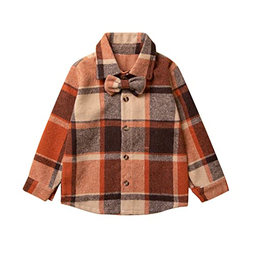 Toddler Baby Boy Girls Flannel Shirts Jacket with Bow Plaid Long Sleeve Button Down Shacket Toddler Girl Winter Coat