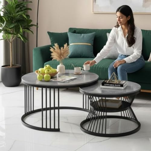 Image of Modern Nested Coffee Table Set of 2 | Round Marble Finish Tabletop with Metal Base | Luxury Center Table for Living Room, Lounge & Office (Black Grey)