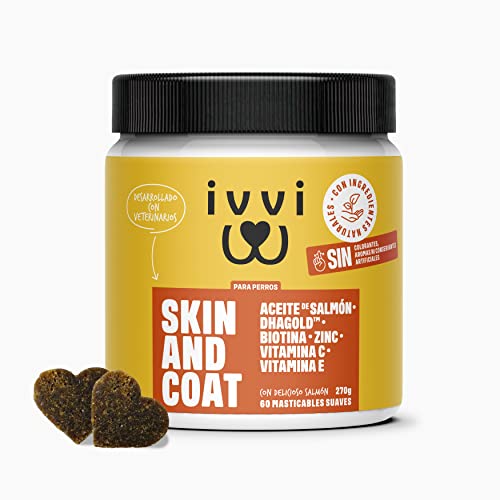 ivvi - Skin & Coat - Complemento Alimenticio para Perros, Anti-Picaduras, Pelaje Suave y Brillante - Omega 3, Aceite de Salmón, DHAgold, Vitaminas C, E y Zinc - 60 Golosinas de Salmón