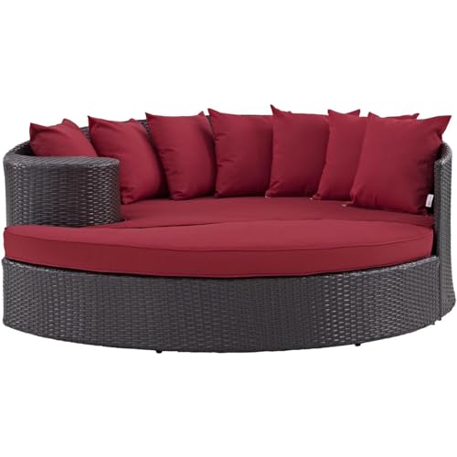 Image of BRISHI Outdoor Patio Daybed /Sunbed /Swimming Pool Side /Sun Lounger /Garden /Terrace /Balcony /Wicker and Rattan Daybed (Dark Brown /Red)
