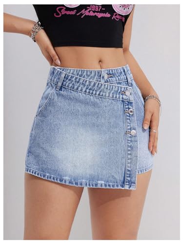 MakeMeChic Women's Wrap Denim Skirts Button Front Asymmetrical Hem Short Jean Skirt3