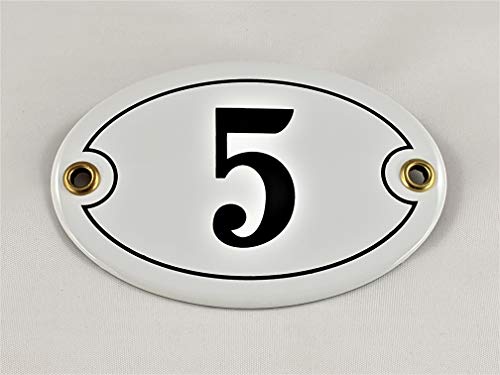 Preisvergleich Produktbild Emaille Hausnummer Schild Nr. 5, oval, Weiß-Schwarz"Handarbeit"