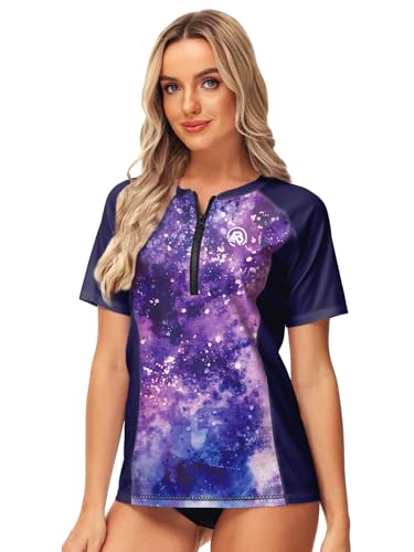 Image of AOBUTE Women Zip Rash Guard UPF 50+ Gradient Short Sleeve Swim Top Surf Shirts