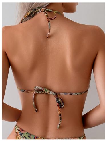 Women's 2 Piece Leopard Floral Bikini Sets Ring Triangle Halter Bathing Suit Tie Back Swimsuit4