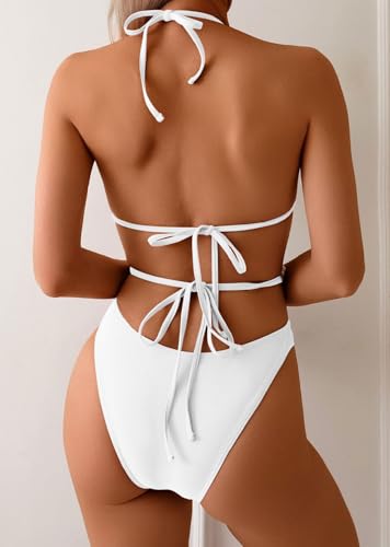 CheChury Triangle Bikini Sets for Women Brazilian Bikini Halter Neck Bikini Top Padded with Shell Chain High Leg Thong Bikini Bottoms Swimming Costume Women 2 Piece Swimsuit Bathing Suits,White,S - Image 3