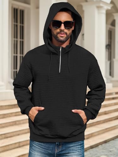 Auxo Mens Quarter Zip Pullover Fashion Quilted Hoodies Long Sleeve hooded Sweatshirt with Pocket3