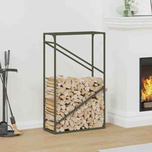 Gecheer Firewood Log Rack Metal Log Store Holder for Outdoor Indoor Metal Fireplace Wood Storage Shelf Olive Green 60x25x100 cm Cold-rolled steel