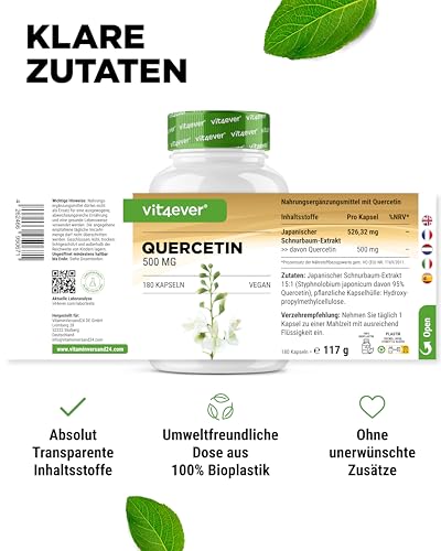 vit4ever Quercetin - 500 mg - 180 Kapseln - 6 Monatsvorrat - Premium: Natürlicher 15:1 Schnurbaum-Blütenextrakt mit 95% Quercetingehalt - Hochdosiert- Vegan