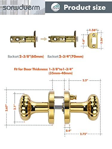 Sorwduerm Door Knobs With Lock Interior Gold Privacy Polished Brass Door Knob For Bedroom And Bathroom,Zinc Alloy 1 Pack #TOP5