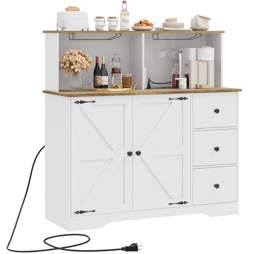 WEENFON Farmhouse Coffee Bar Cabinet with Power Outlet, Sideboard Buffet Cabinet with Wine and Glass Rack & Adjustable Shelves, Wine Cabinet, Home Liquor Bar for Kitchen, White