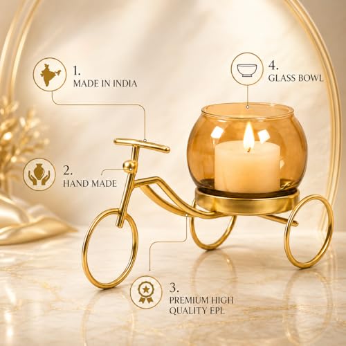 Image of CentraLit Decorative Metal Tricycle Candle Holder with Glass Bowl | Gold Tea Light Holder Stand, Vase for Home Decor, Decorative Plant Pot for Living Room, Aesthetic Home Decor Item & Return Gift
