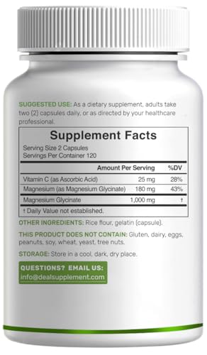 Magnesium Glycinate 500mg Per Capsule (1000mg Per Serving) Plus Vitamin C, 240 Capsules – 100% Chelated for Easy Absorption – Essential Mineral Supplement