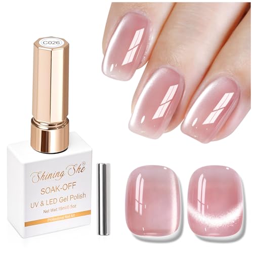Shining She Esmalte Ojo de Gato Semipermanente de Uñas en Gel UV LED,15ml Clásico Cristal Jelly Nude Rosa Cat Eye Gel Polish,Pintauñas Semipermanentes para Principiante Uñas Art Salón,1PCS