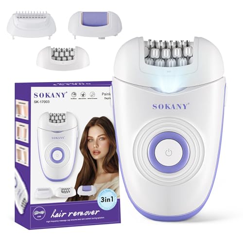 SOKANY Epilator Hair Removal Machine Facialhair Removal for Women Wet and Dry Cordless Hair Removal Epilator for Legs and Body with 3 Accessories Opti Light