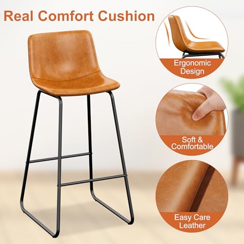 Image of REONEY Bar Stools Set of 4, 30 inch PU Leather Counter Height Barstools, Brown