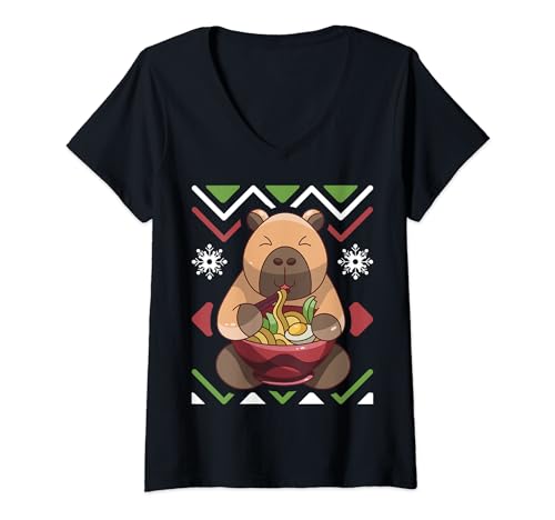 Mujer Suéter feo de Navidad Kawaii Anime Capybara Comiendo Ramen Camiseta Cuello V