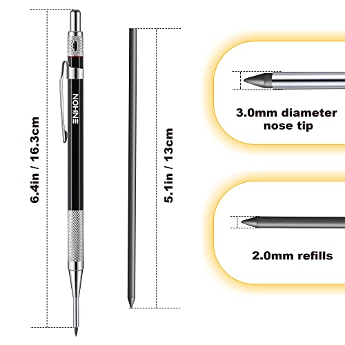 Enhon [NEW] 2mm Tieflochmarker Bleistift Baustelle mit 13 Bleistiftminen, Zimmermannsbleistift mit Anspitzer, Langnasiger Tiefes Loch Tischler Bleistift Markieren auf Holz, Metall - Schwarz