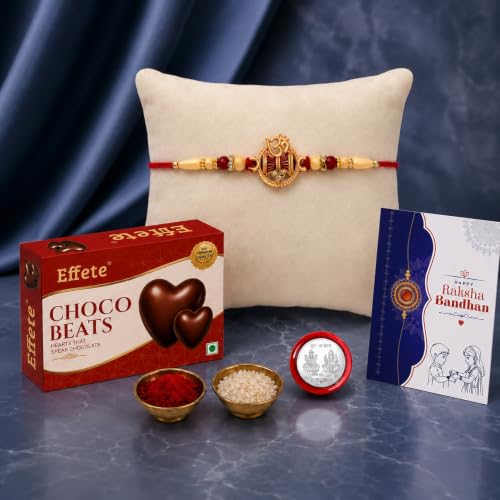 Image of Oblivion Rakhi with Chocolate for Brother - Golden Color OM Damru Design Rakhi with Choco Beats Chocolate (32g) with Silver Color Pooja Coin, Greeting Card & Tilak Set - Tradtional Raksha Bandhan Combo