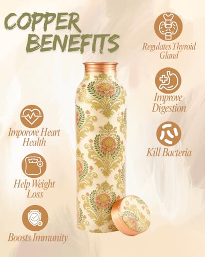 Image of Designer Copper Water Bottle 900ml with Floral Vintage Print, Leakproof Golden Cap, Ayurvedic Drinking Bottle for Healthy Water Storage, Reusable Copper Bottle for Home, Office, Gym & Travel