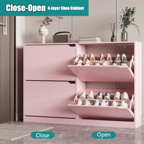 Image of Xixini Shoe Storage Cabinet for Entryway with 4 Flip Drawers, Sturdy Wood Hidden Shoe Storage, Freestanding Narrow Slim Shoe Organizer for Front Door Entrance, Living Room, Hallway, Bedroom, Pink