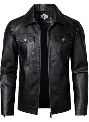 HOOD CREW Chaqueta de cuero para hombre, chaqueta de motociclista, casual, ligera, de piel sintética, Negro, Large | Ya disponible en tu tienda friki favorita! En mundofriki.es!