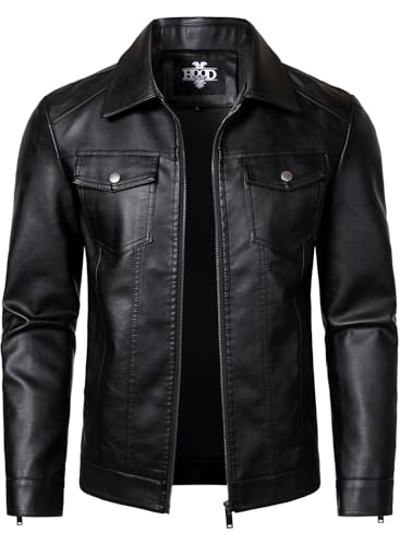 HOOD CREW Mens Leather Jacket Motorcycle Biker Jackets Casual Lightweight Faux Leather Outwear Black XL