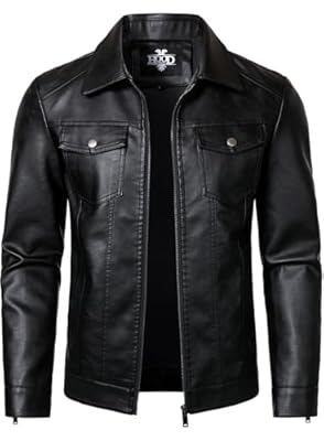 HOOD CREW Chaqueta de cuero para hombre, chaqueta de motociclista, casual, ligera, de piel sintética, Negro, Large | Ya disponible en tu tienda friki favorita! En mundofriki.es!