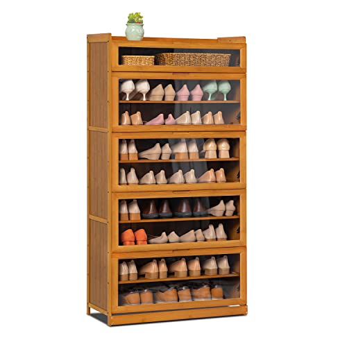 Monibloom Large Shoe Storage Cabinet With Acrylic Doors 9 Tier Bamboo Free Standing Narrow Shoes Rack For 41-45 Pairs Entryway Hallway Living Room, Brown #TOP11