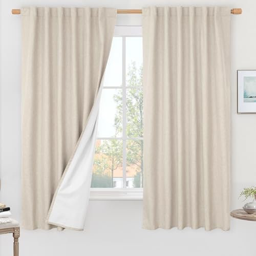 LAMIT 100% Blackout Oatmeal Linen Curtains 63 Inches Linen Textured Thermal Bedroom Curtains Back Tab and Rod Pocket Neutral Panels with White Liner for Farmhouse 2 Panels 52 x 63 Inch