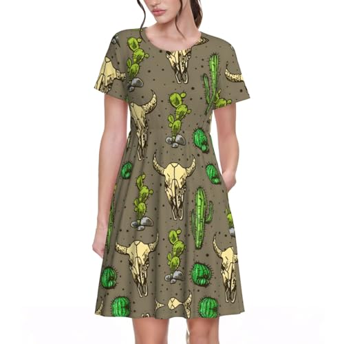 Robe trapèze avec poches imprimé cactus motif original coton fluide