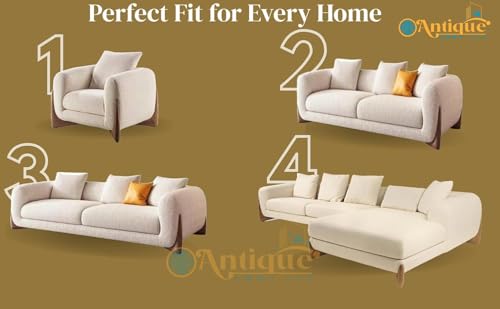 Image of Modern Off-White Boucle Upholstered Sofa Set with Stylish Wooden Legs Sofa for Living Room, Bedroom, Hallways (3+1+1+ Ottoman)