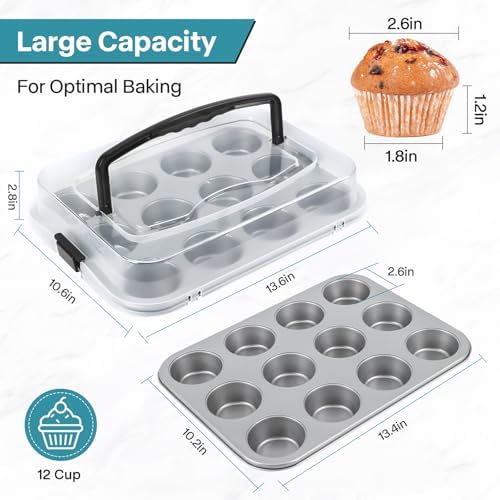 2-Pack Cupcake Pan with Lid, 12-Cup Nonstick Muffin Pan with Handle – Cupcake Carrier for Baking & Transporting, Perfect for Party, Holiday, Gathering - Thumbnail 3